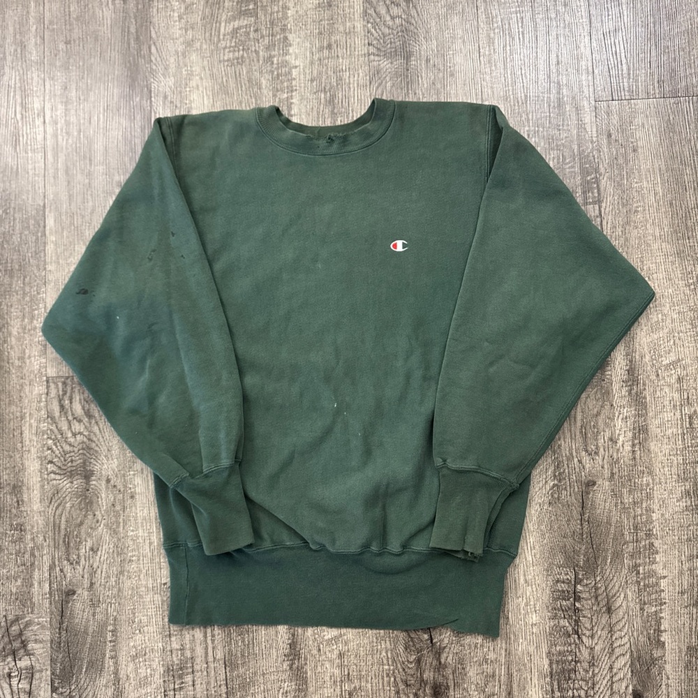 Vintage Champion Reverse Weave Blank Sweatshirt Forest Green Distressed Sun Fade